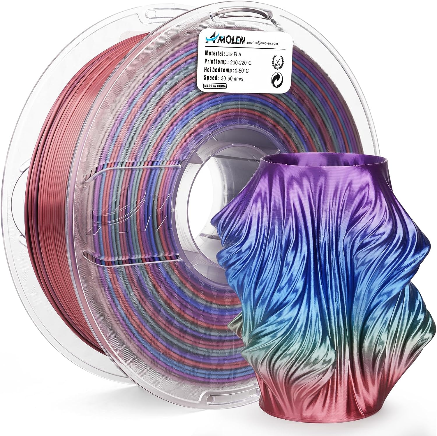 Silk Multicolor Rainbow PLA Filament, 1.75mm, 1KG/2.2LB