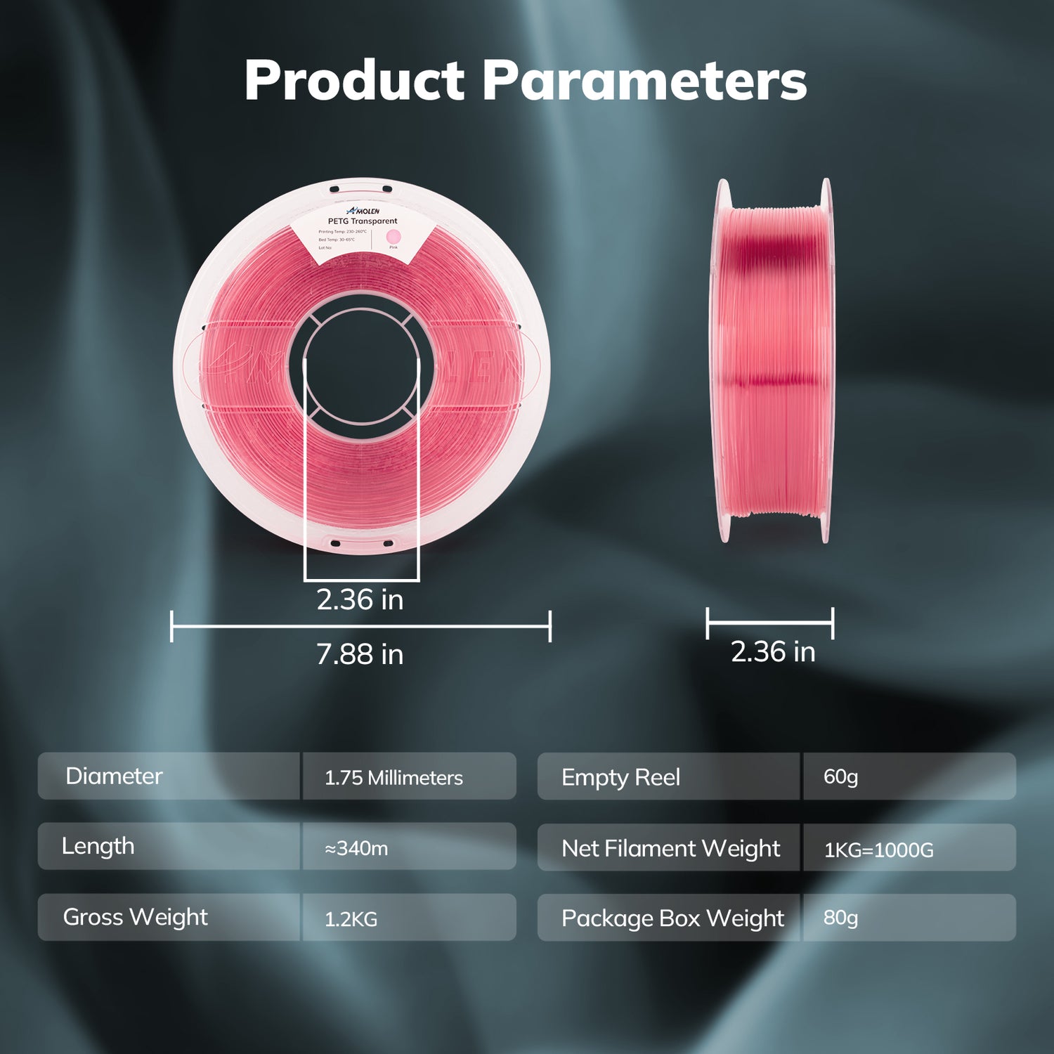 PETG Transparent Filament, 1.75mm, 1KG/2.2LB