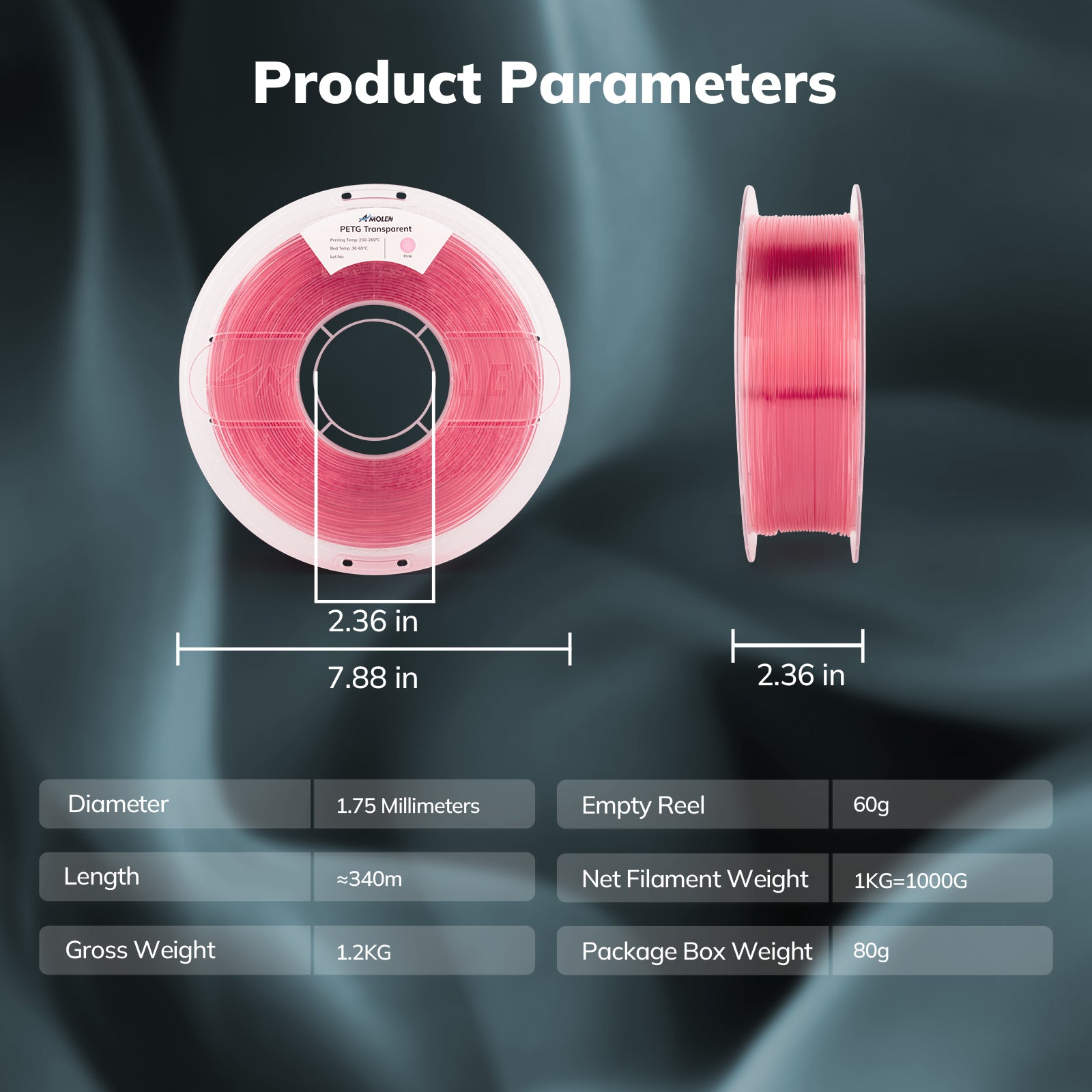 PETG Transparent Filament, 1.75mm, 1KG/2.2LB