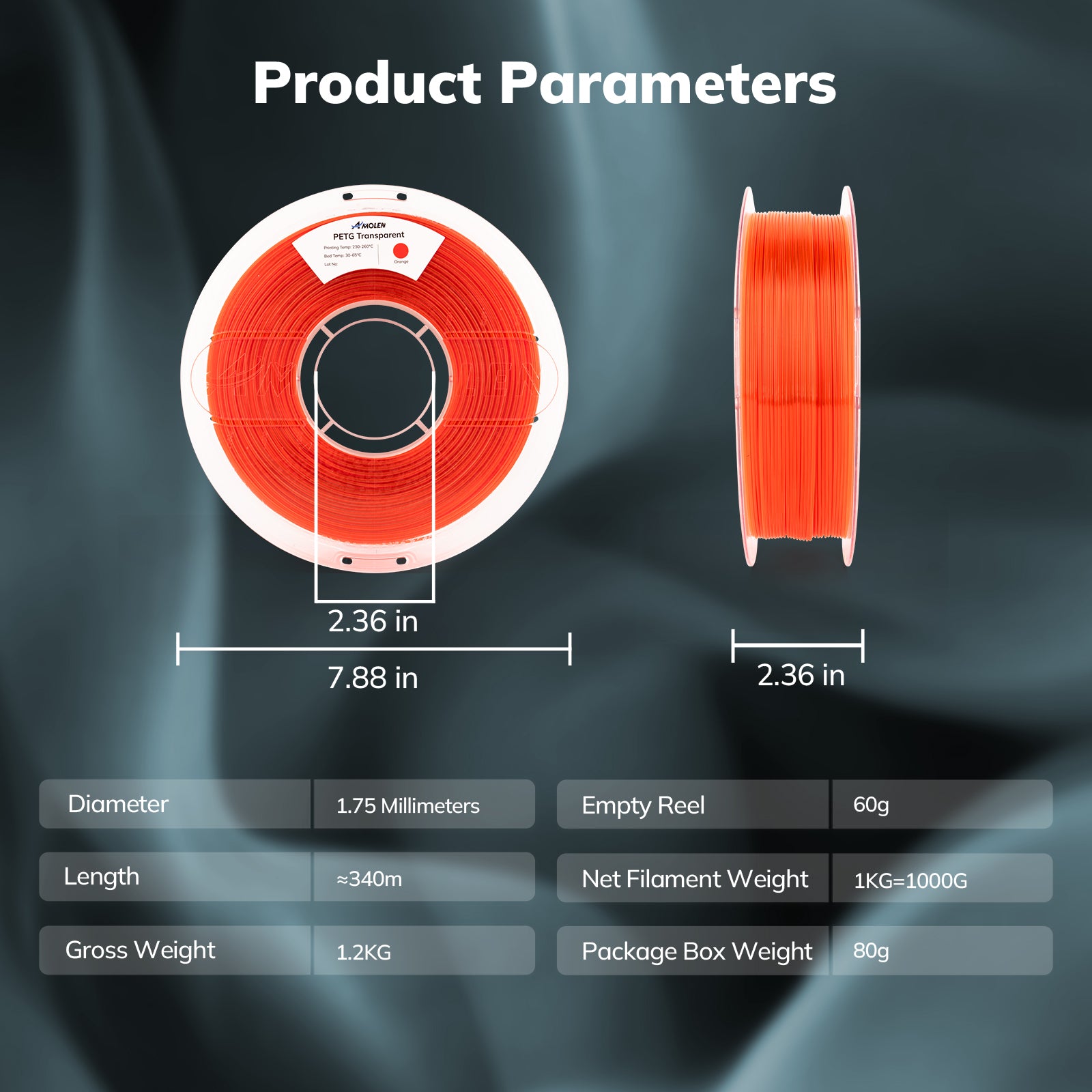 PETG Transparent Filament, 1.75mm, 1KG/2.2LB