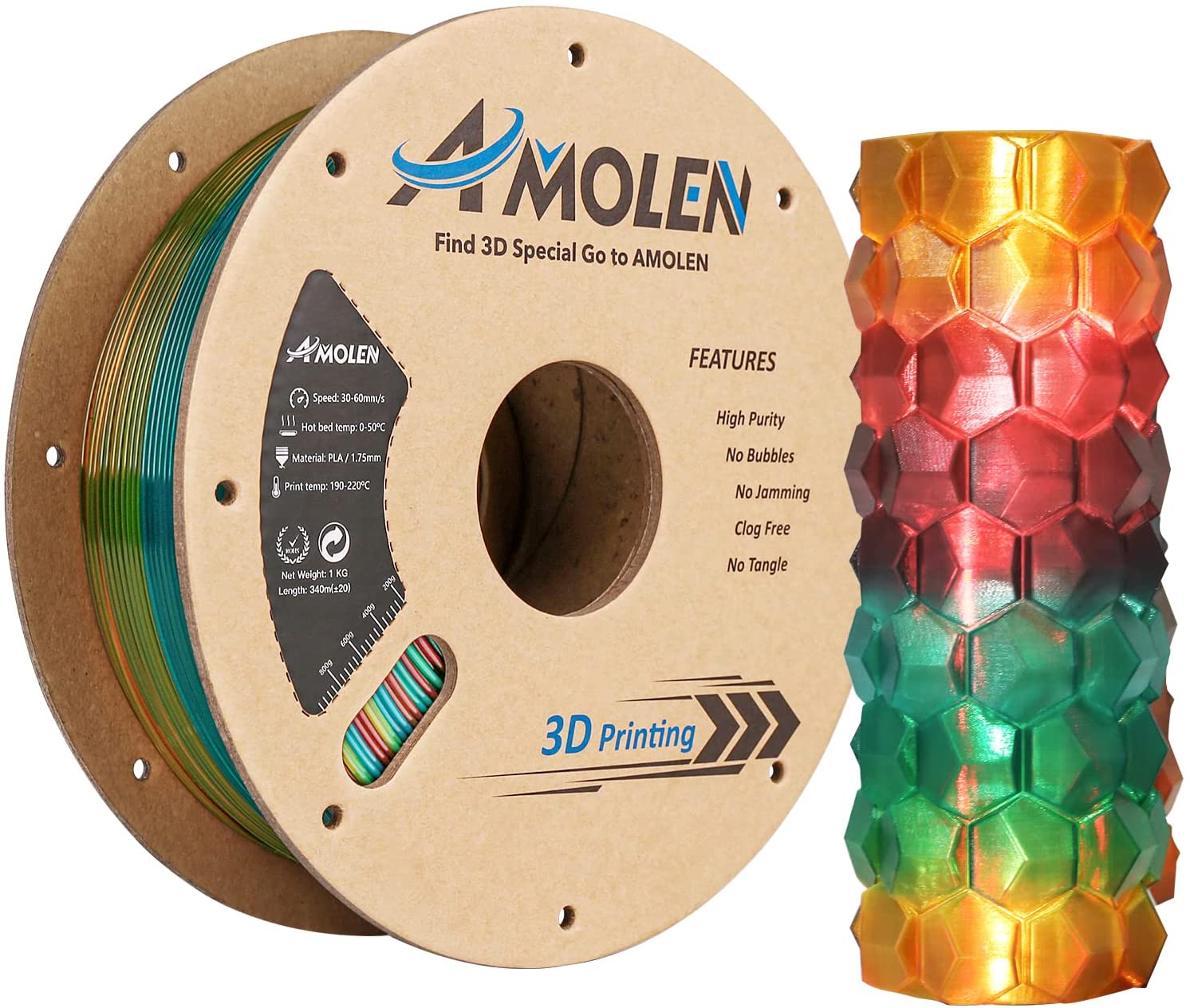transparent gradient pla filament、3d printer filament、3d printing filament、yellow green red